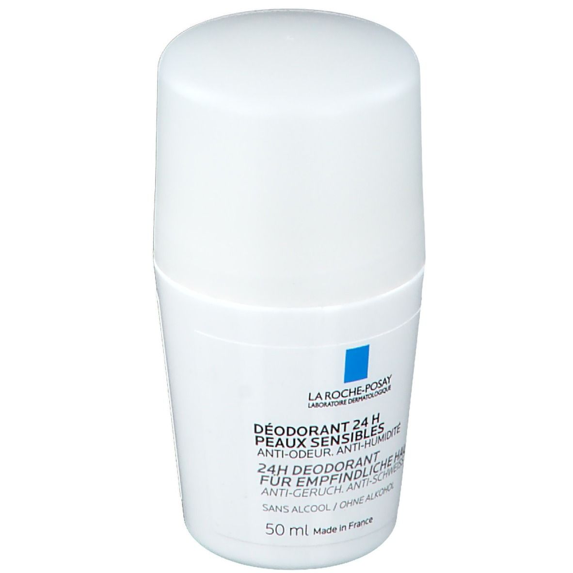 Weißer Roll-on-Deo von La Roche-Posay. Text: Déodorant 24 H Peaux Sensibles. 50 ml.