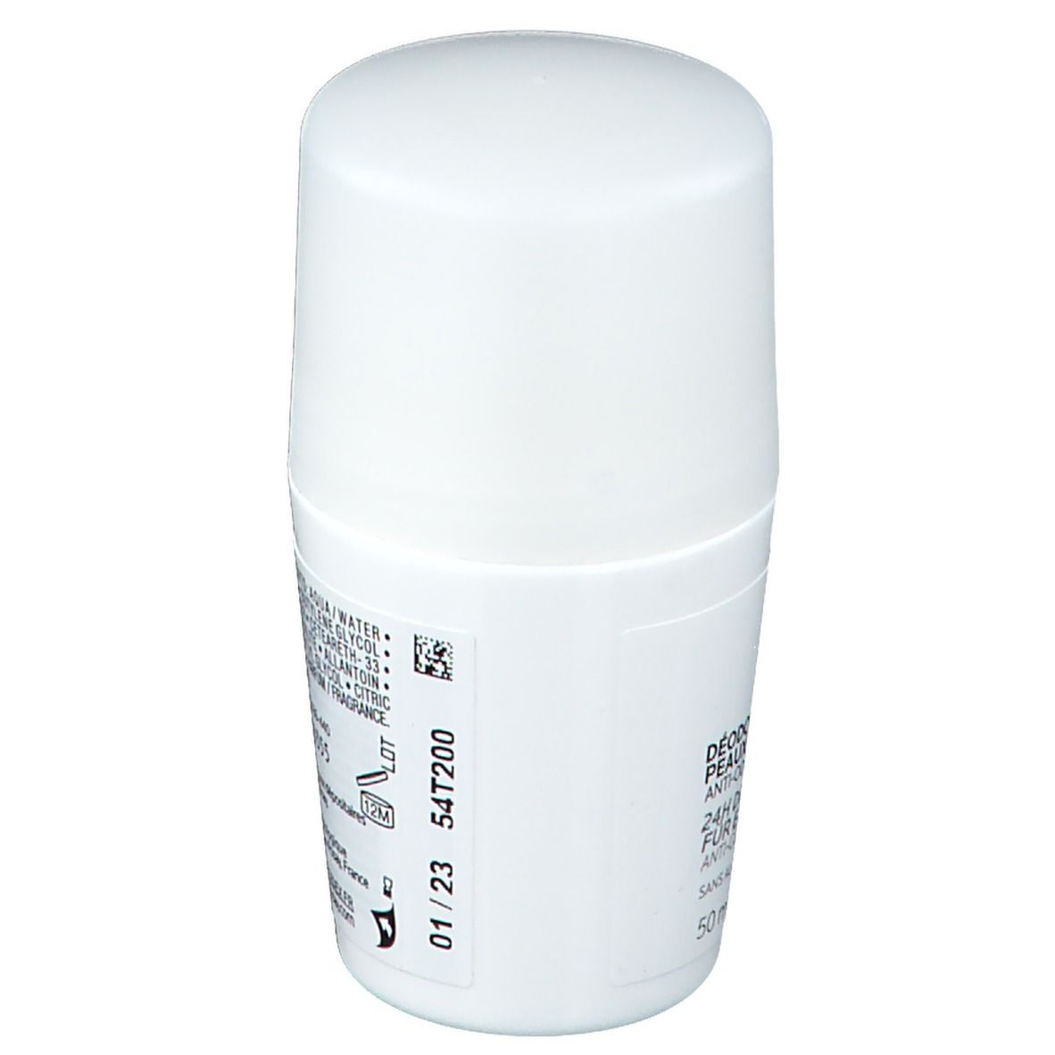 Weißer Roll-on-Deo. Rückseite mit Inhaltsstoffen, Barcode und Haltbarkeit 01/23. 50 ml.