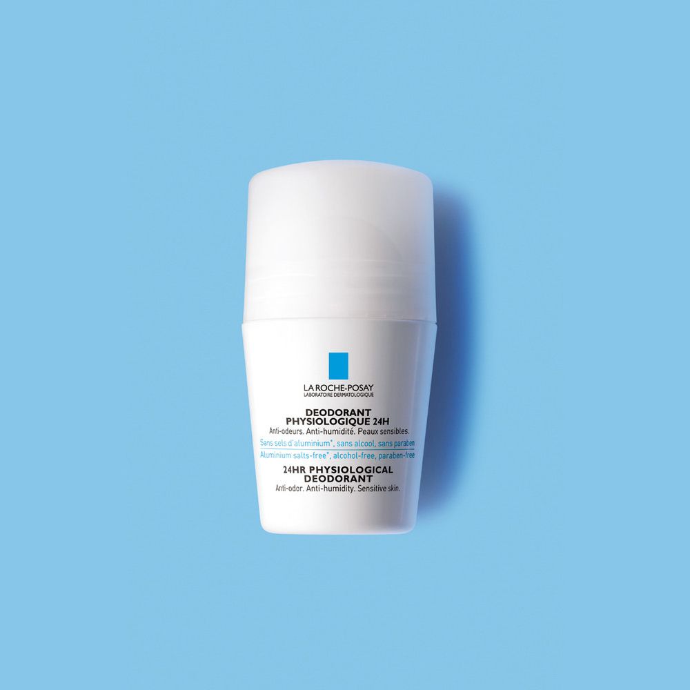 Weißer Roll-on-Deo von La Roche-Posay. Mit Logo und Text: Deodorant Physiologique 24h. Auf blauem Hintergrund.