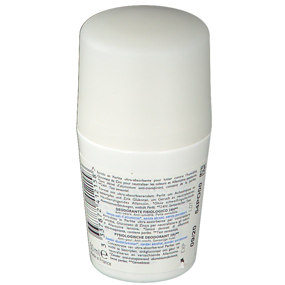 Weißer Roll-on-Deo. Text: Deodorant Physiologique 24h. Rückseite mit Inhaltsstoffen und Chargennummer. 09/20.