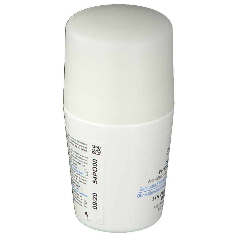 Weißer Roll-on-Deo. Rückseite mit Text: Deodorant Physiologique 24h. Chargennummer 54P000. Haltbarkeit 09/20.