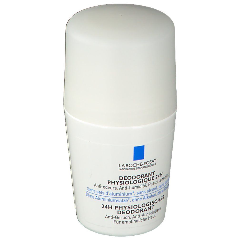Weißer Roll-on-Deo von La Roche-Posay. Text: Deodorant Physiologique 24h. Ohne Aluminiumsalze, ohne Alkohol.