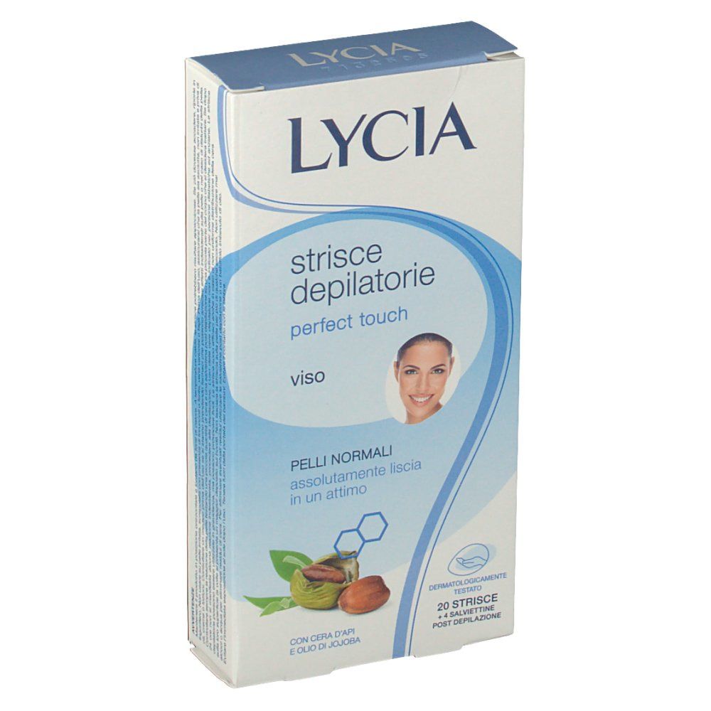 Confezione Lycia, strisce depilatorie perfect touch viso. Immagine di un volto femminile. Scritta 'pelli normali'.