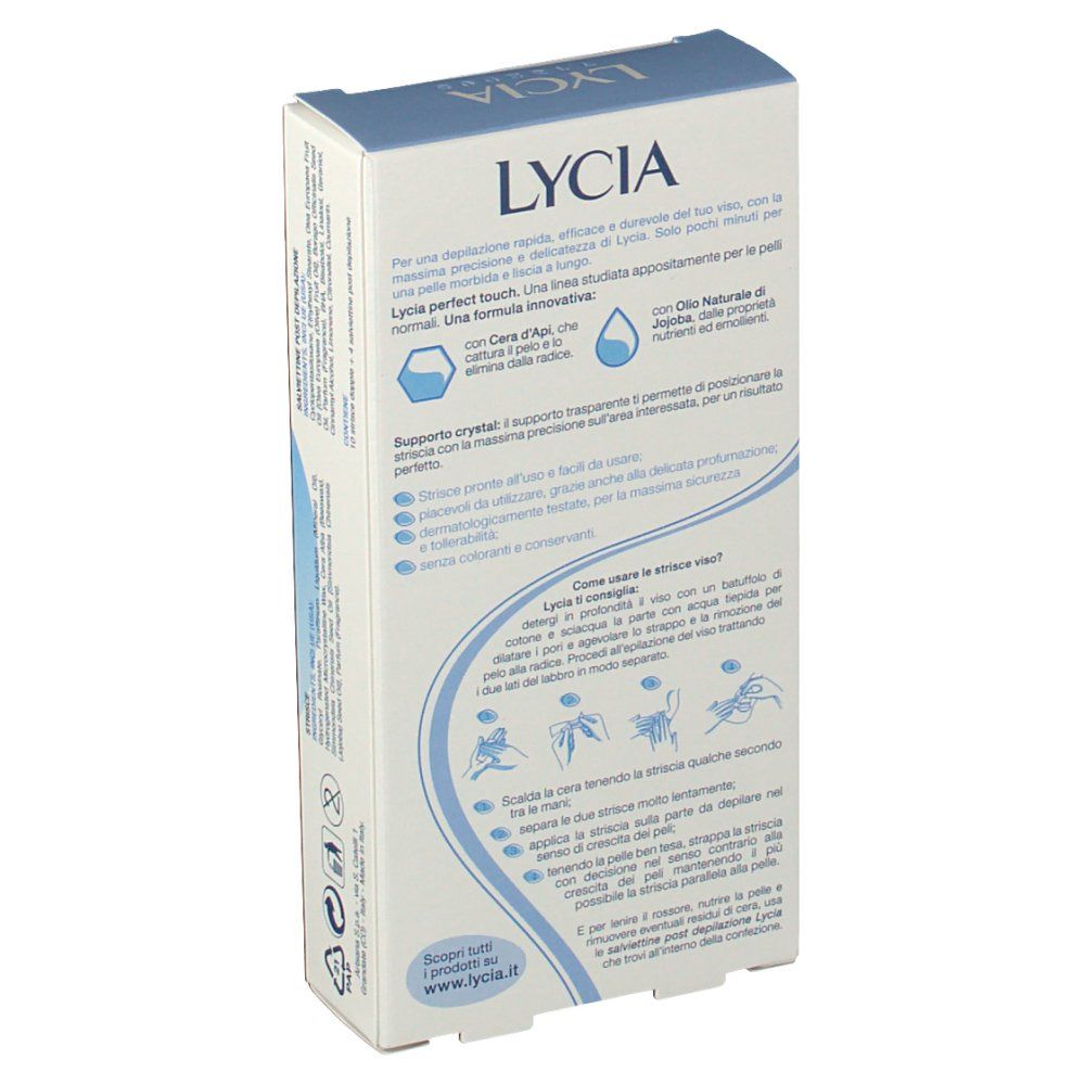 Retro della confezione Lycia. Testo in italiano. Istruzioni per l'uso e ingredienti. Illustrazioni.