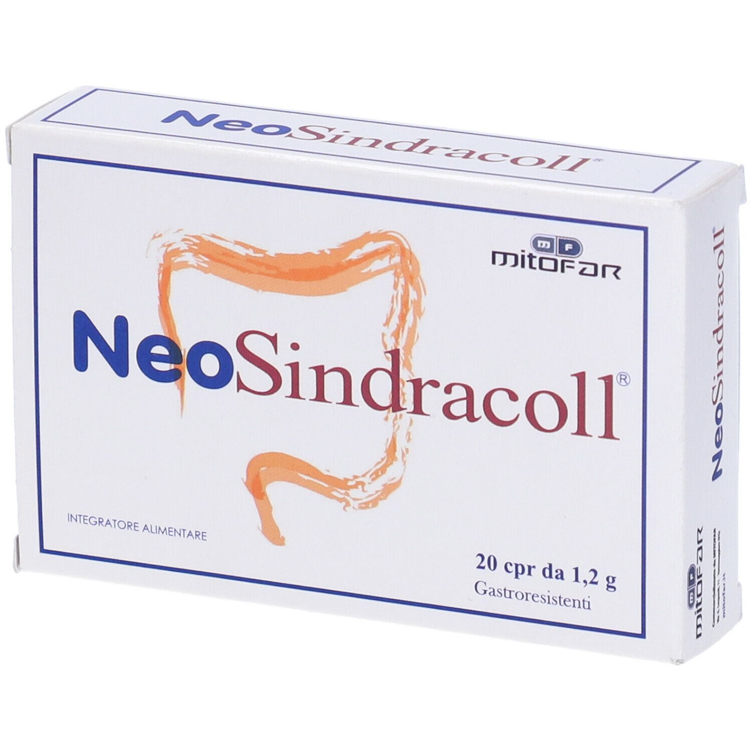 Scatola bianca con logo NeoSindracoll e disegno dell'intestino. Testo: 20 cpr da 1,2 g.