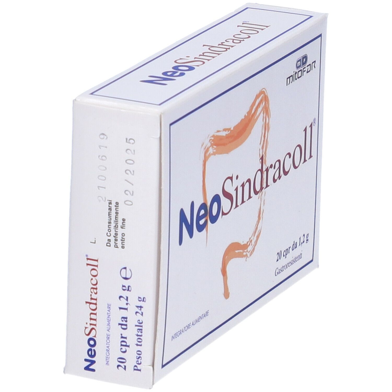 Scatola bianca con logo NeoSindracoll. Scritto: 20 cpr da 1,2 g. Scadenza 02/2025.