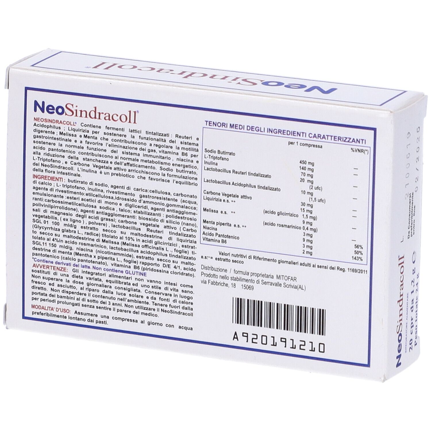 Scatola bianca con logo NeoSindracoll. Retro con ingredienti e informazioni nutrizionali.