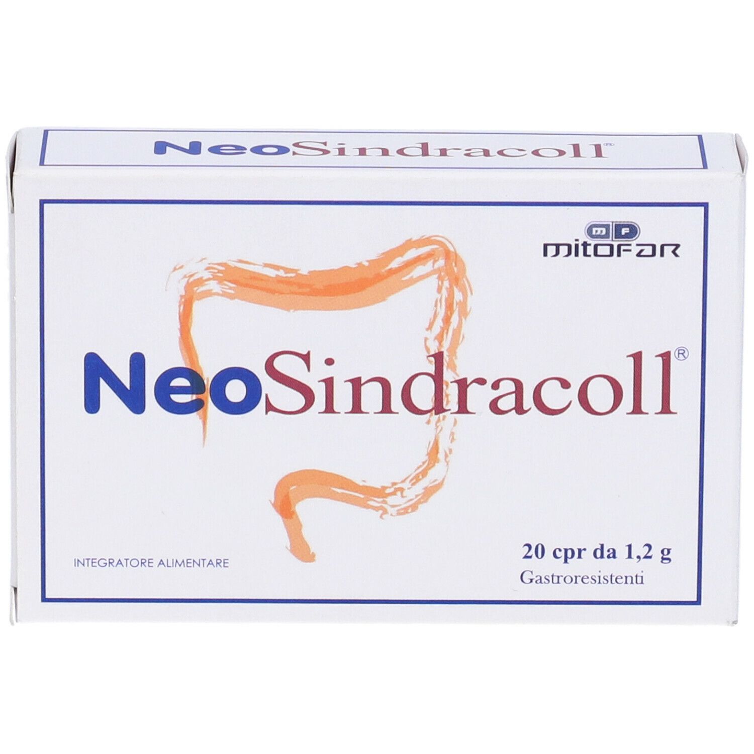 Scatola bianca con logo NeoSindracoll e illustrazione intestinale. Testo: 20 cpr da 1,2 g.