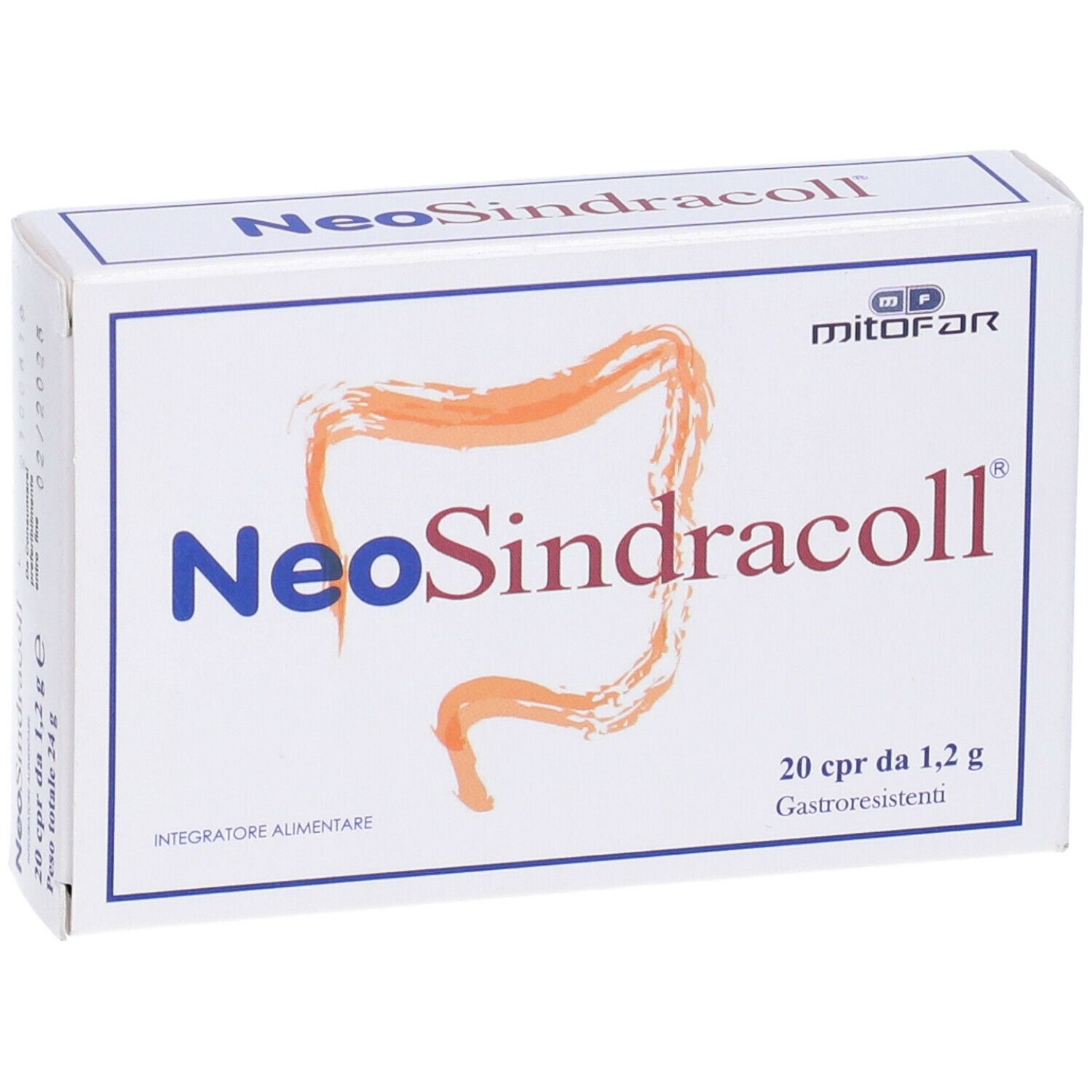 Scatola bianca con logo NeoSindracoll e illustrazione intestinale. Testo: 20 cpr da 1,2 g.