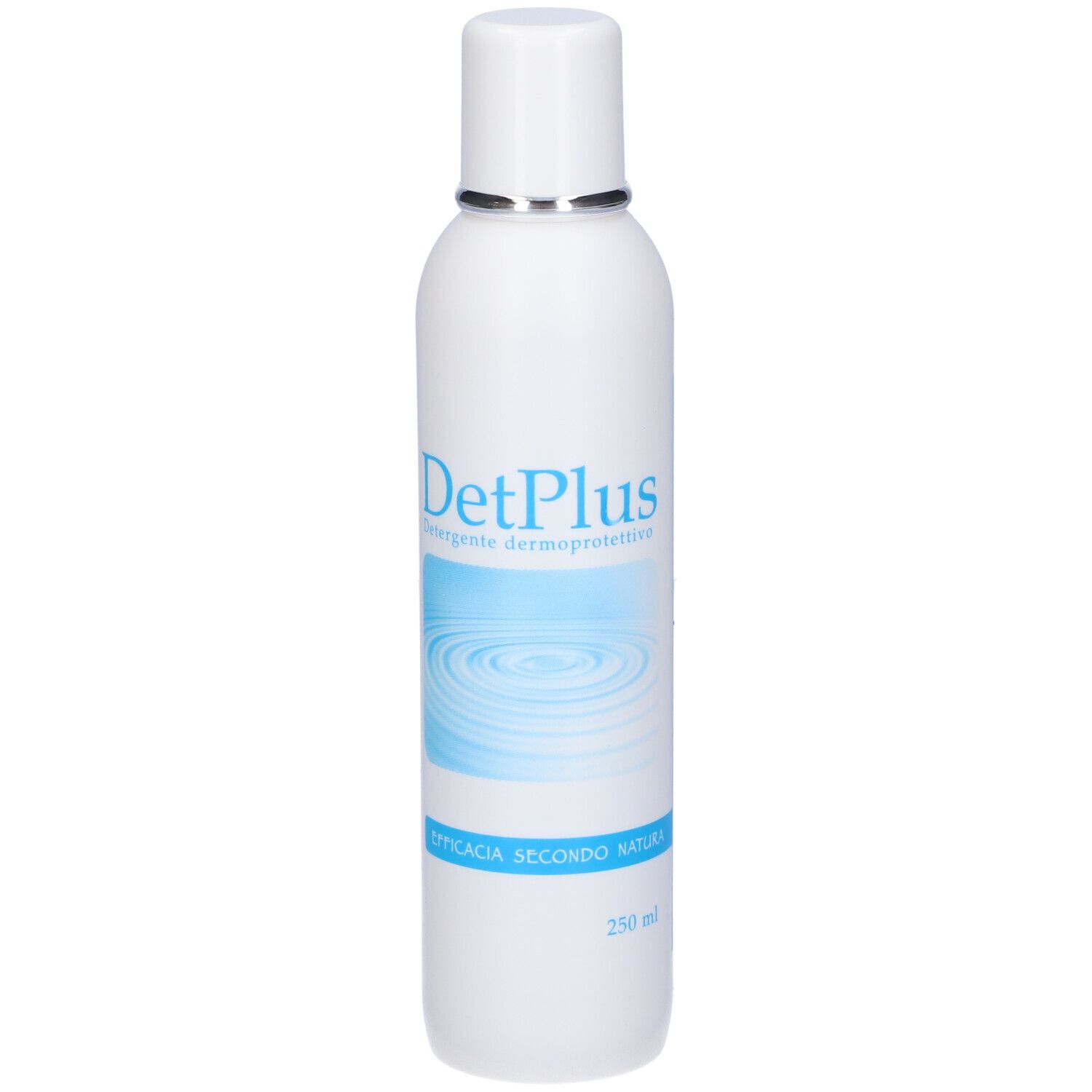 Flacone bianco con etichetta blu. Scritta: DetPlus, detergente dermoprotettivo. Tappo argentato.