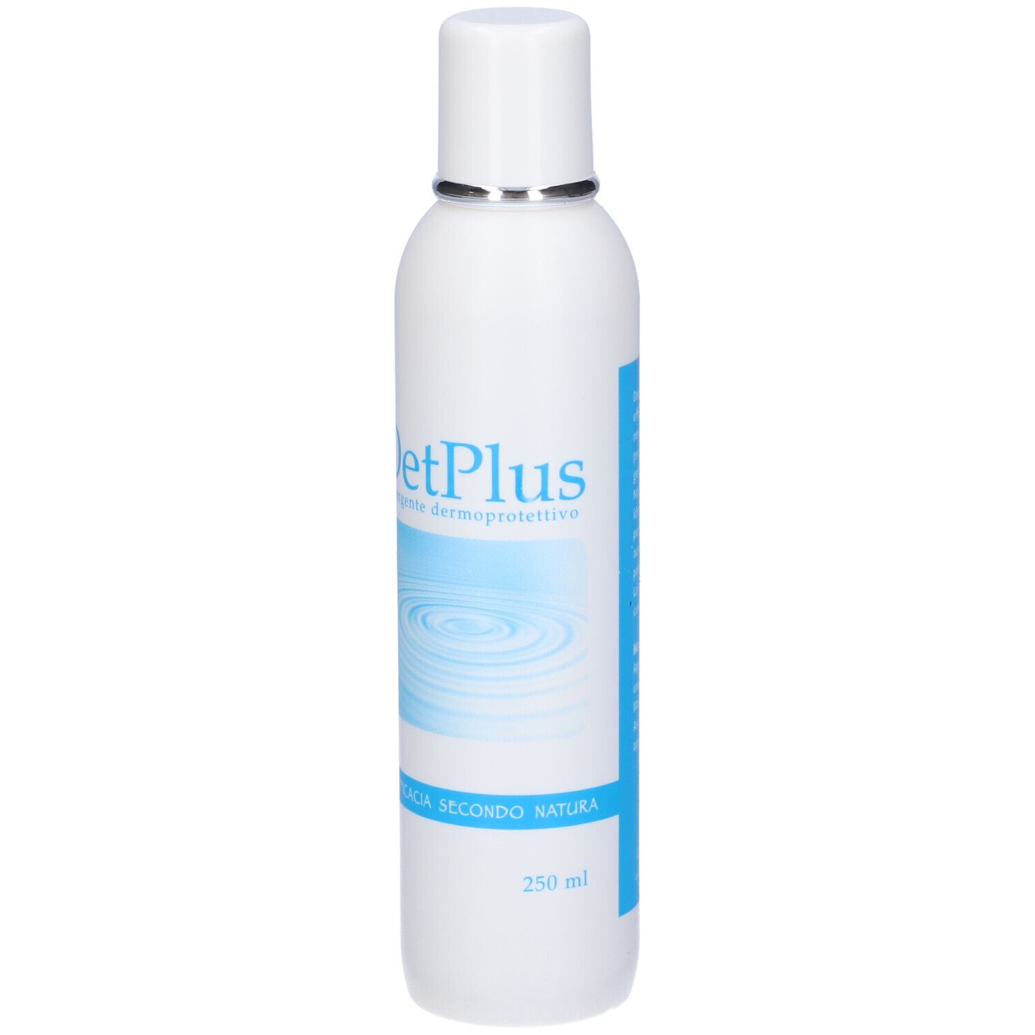Flacone bianco con etichetta blu. Scritta: DetPlus, detergente dermoprotettivo. Tappo argentato.