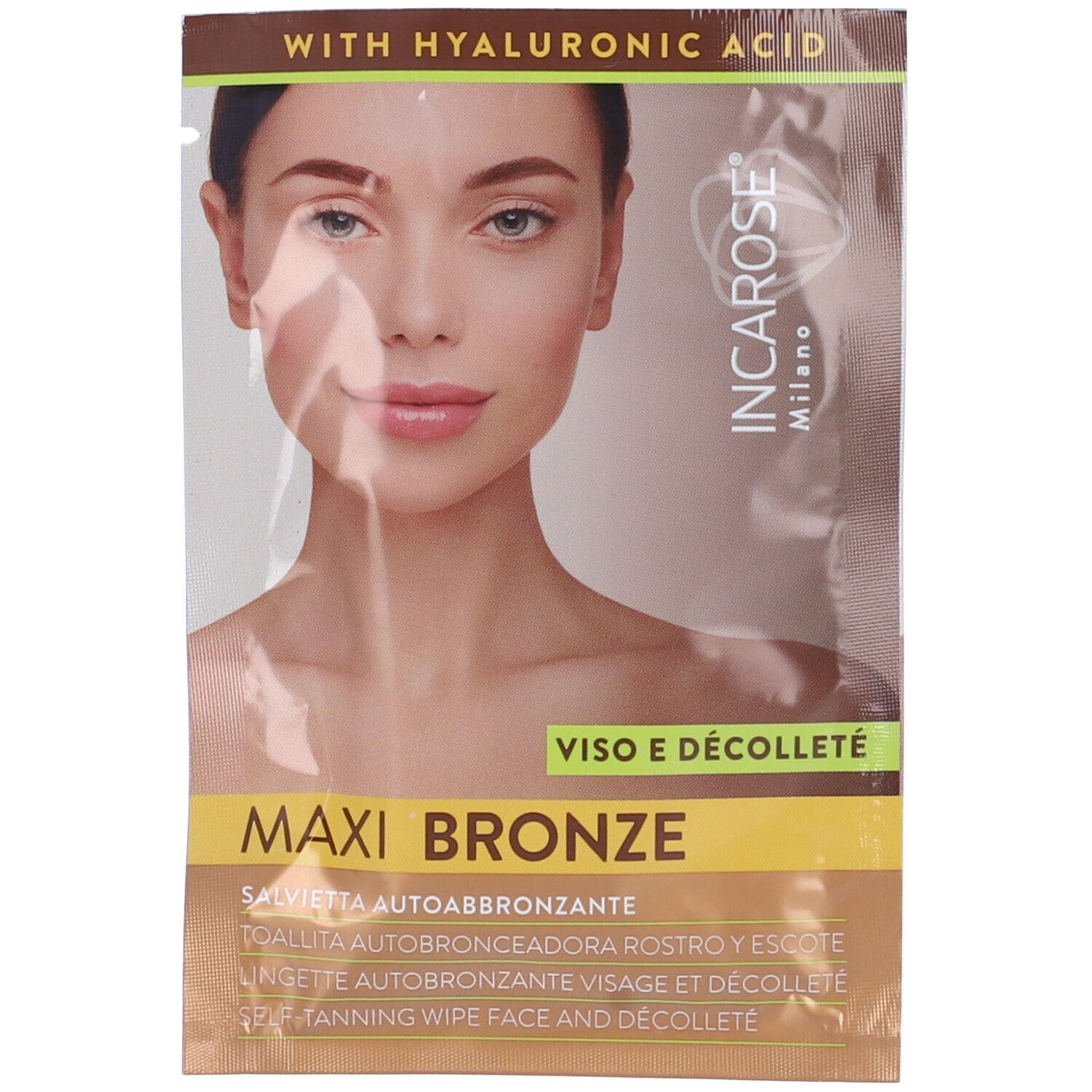 Einzelne Selbstbräunungstücher. Verpackung mit Frauengesicht und Produktnamen: Maxi Bronze. Enthält Hyaluronsäure.