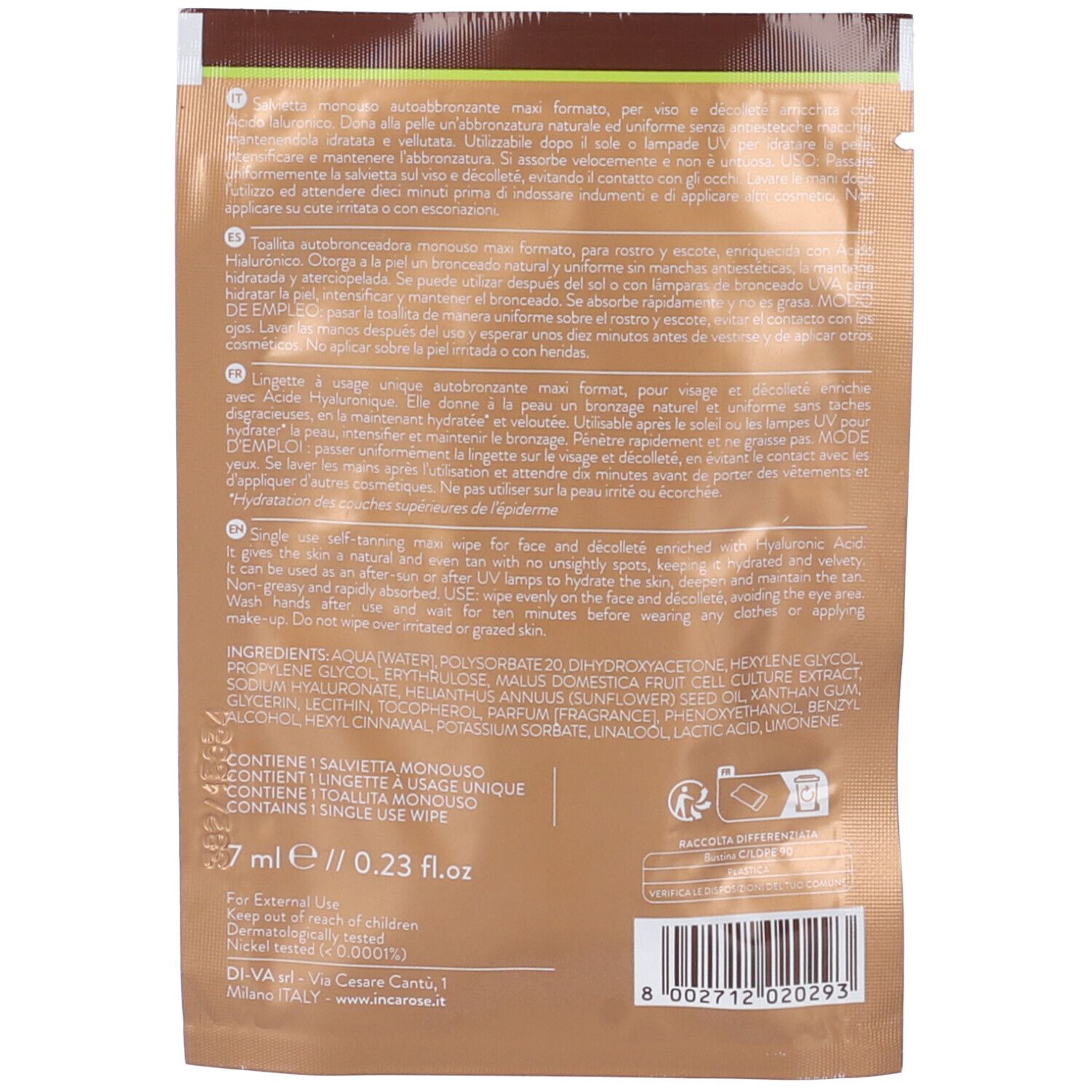 Rückseite der Einzel-Selbstbräunungstücher-Verpackung. Enthält Inhaltsstoffe, Gebrauchsanweisung und Herstellerinformationen.