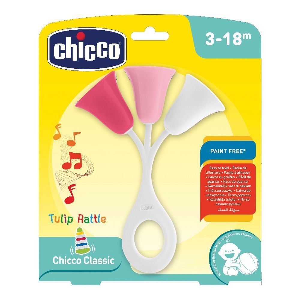 Sonaglio Chicco a forma di tulipano con tre petali. Rosa, rosa e bianco. Confezione con logo e raccomandazione di età.