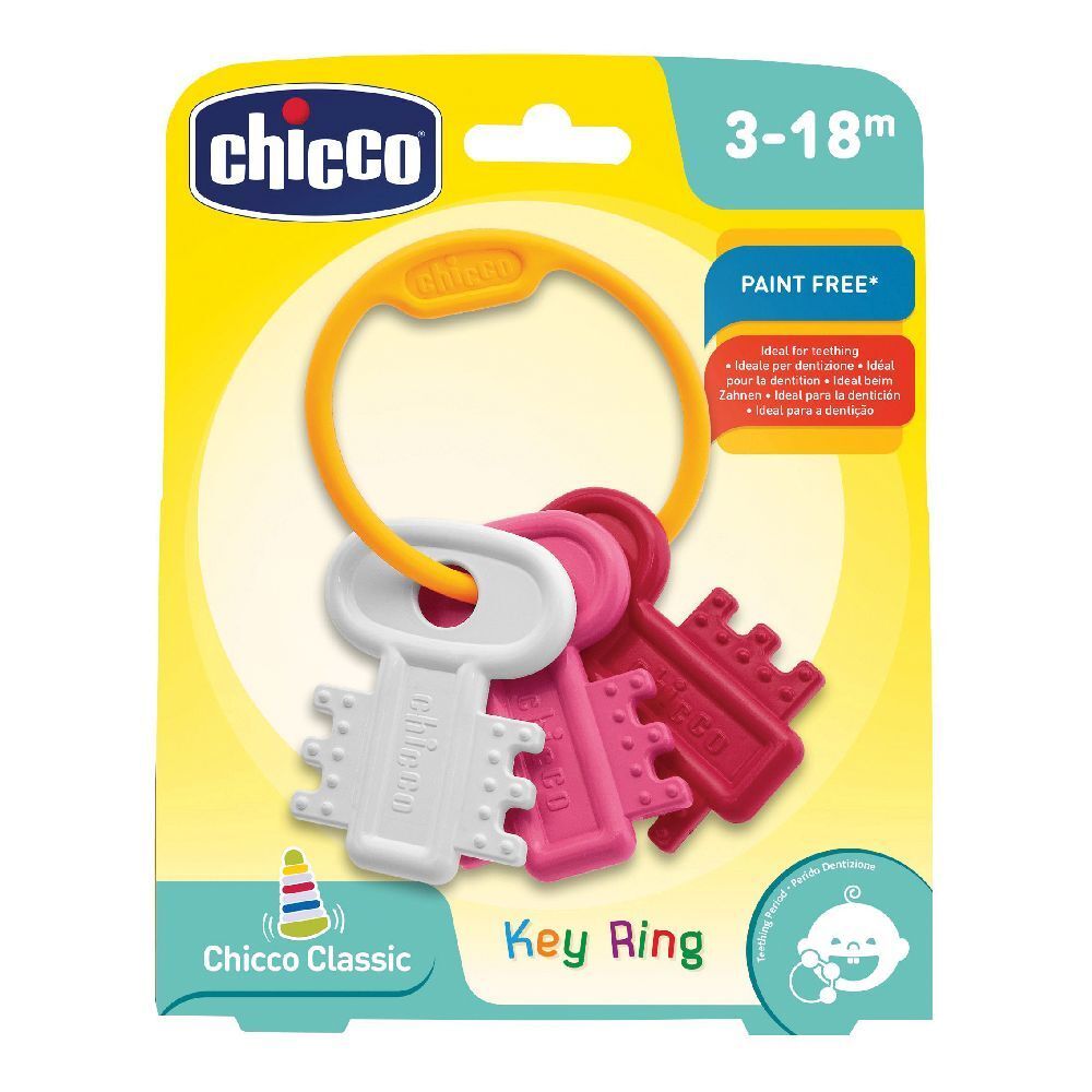Portachiavi giocattolo. Anello giallo con tre chiavi colorate: bianco, rosa e rosso. Confezione con logo e indicazione età.