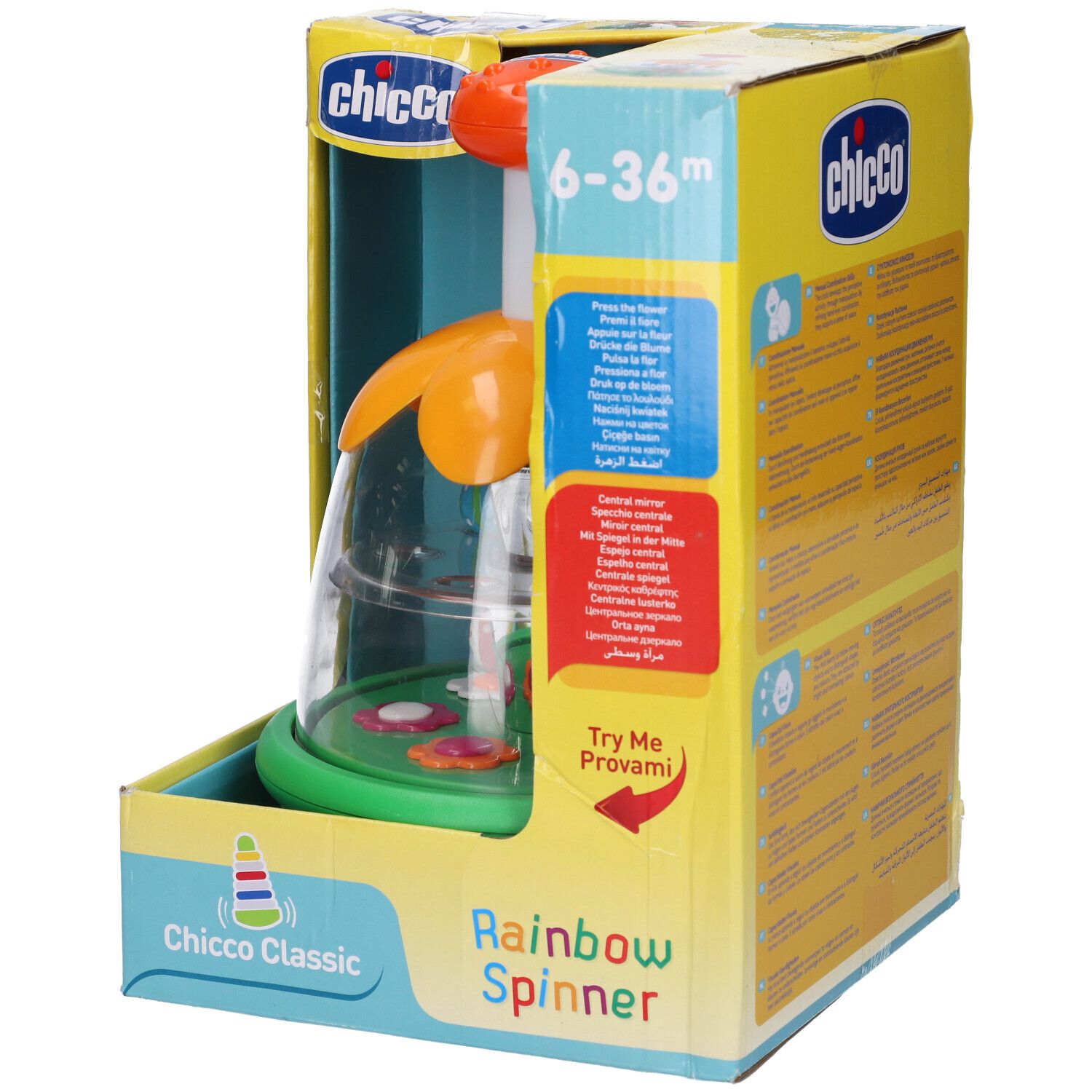 Chicco Rainbow Spinner in confezione. Età 6-36 mesi. Prodotto visibile nella scatola aperta.