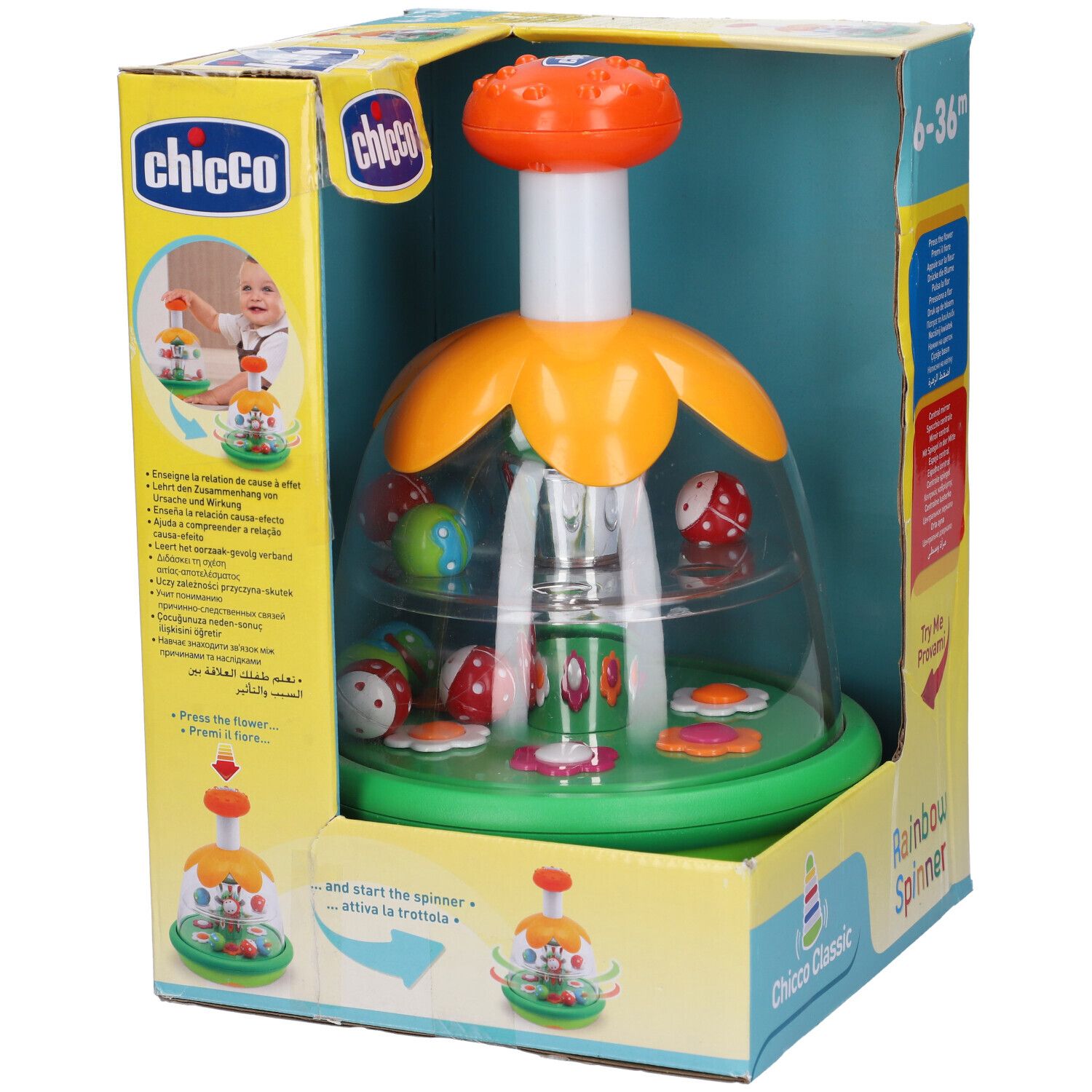Chicco Rainbow Spinner in confezione. Prodotto e confezione con illustrazioni e testi.