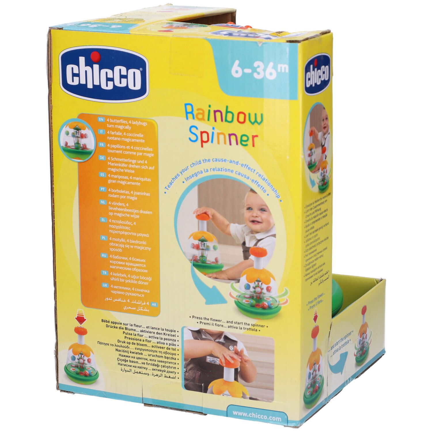 Retro della confezione Chicco Rainbow Spinner. Immagini, testi e illustrazioni del prodotto.