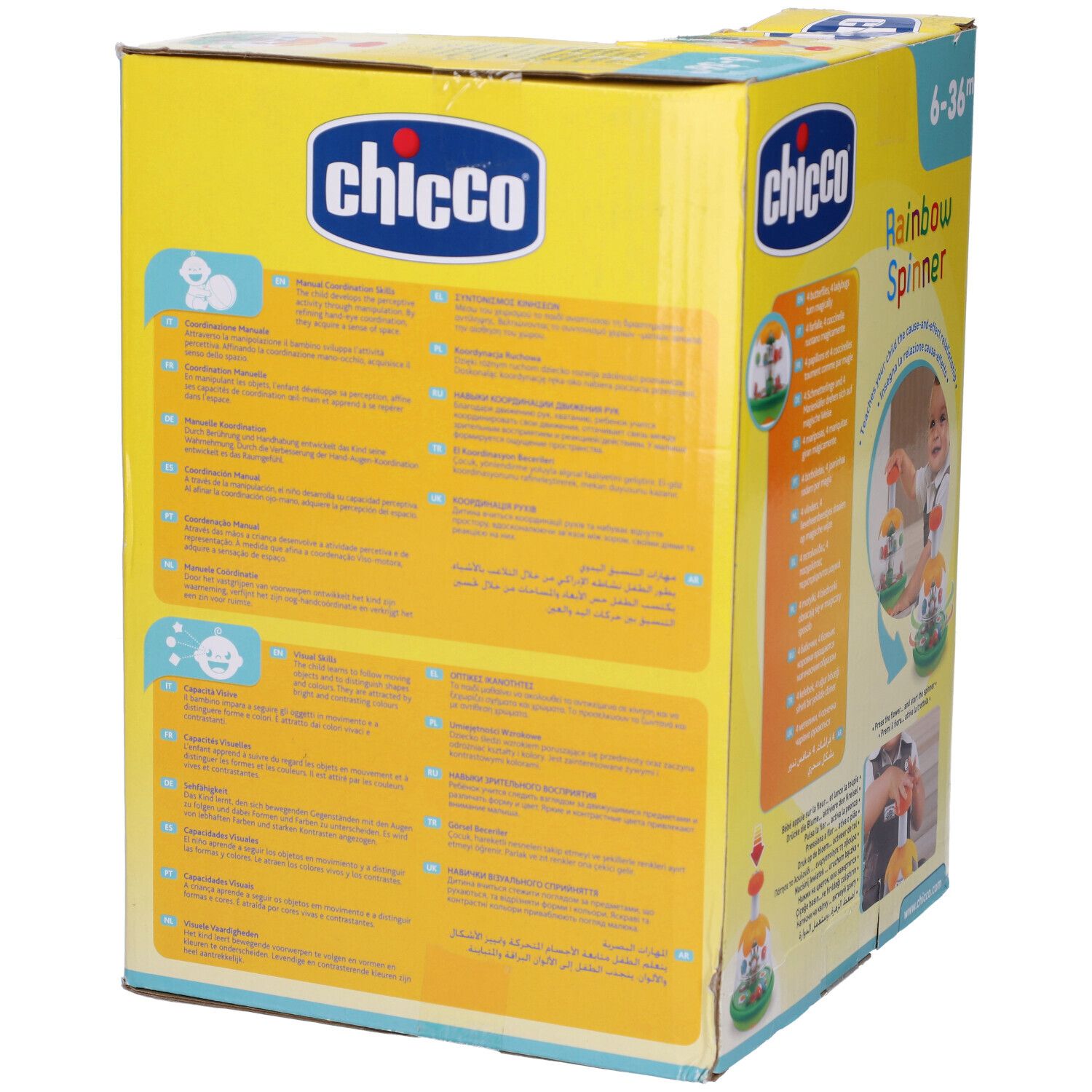 Retro della confezione Chicco Rainbow Spinner. Testi, illustrazioni e immagini del prodotto.