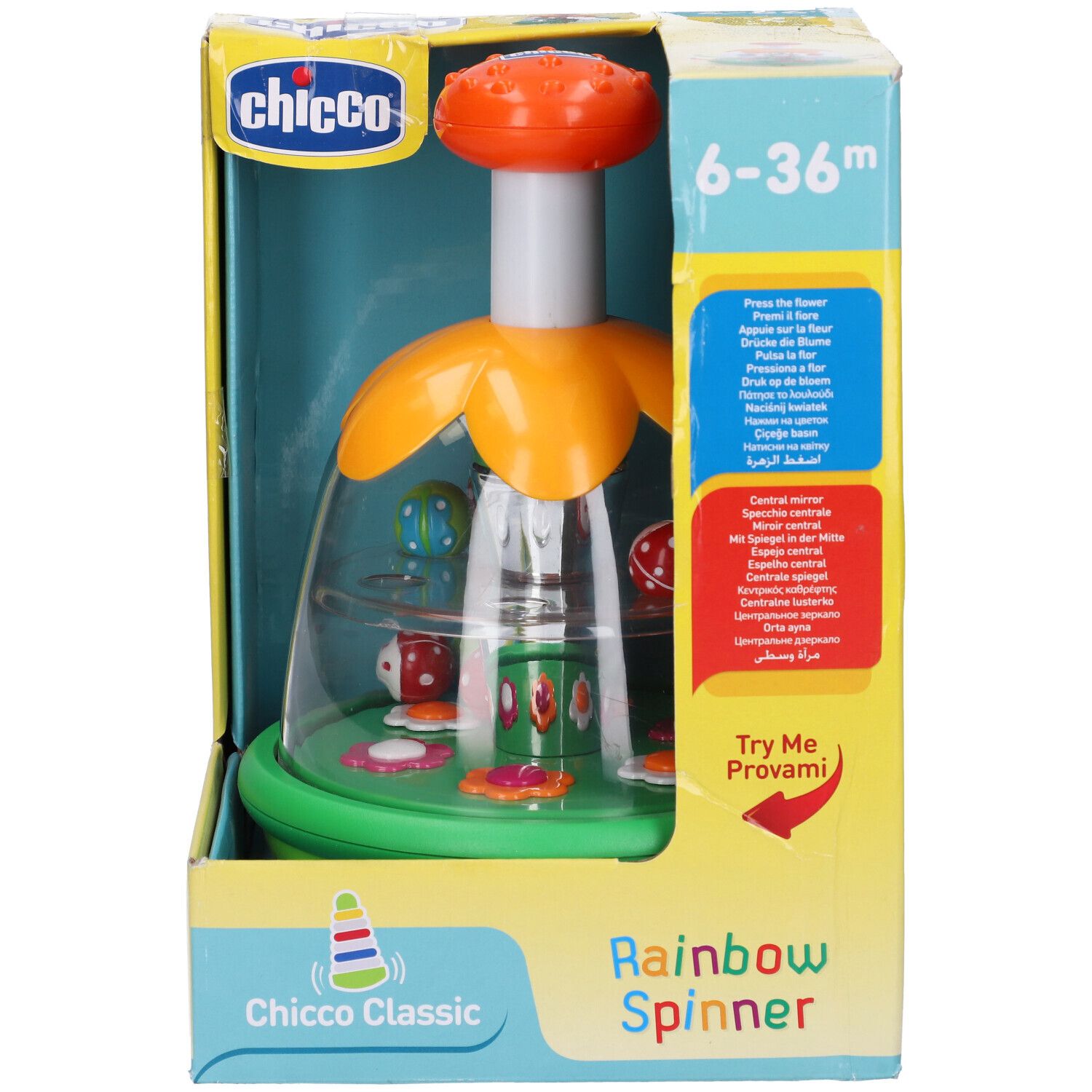 Chicco Rainbow Spinner in confezione. Età 6-36 mesi. Prodotto visibile nella scatola aperta.