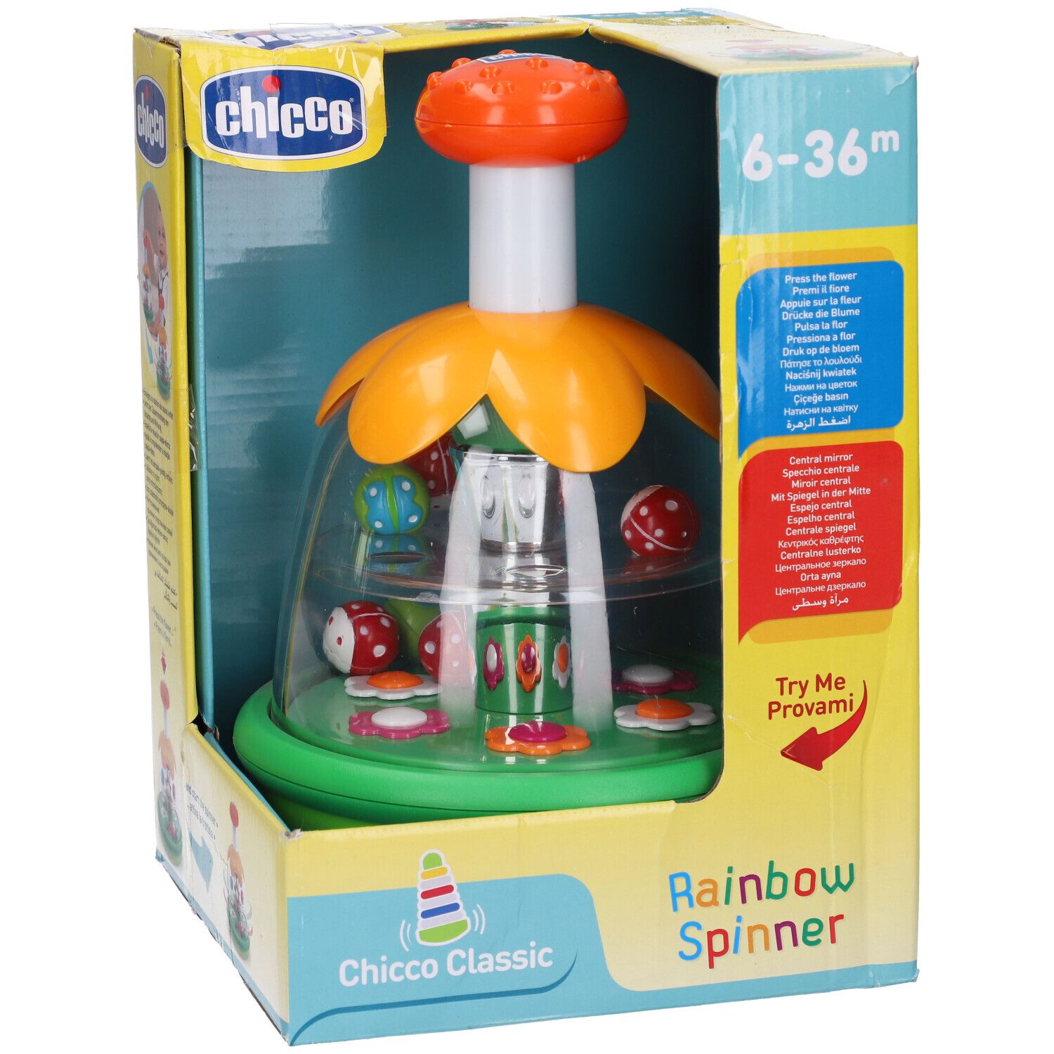 Chicco Rainbow Spinner in confezione. Età 6-36 mesi. Prodotto visibile nella scatola aperta.