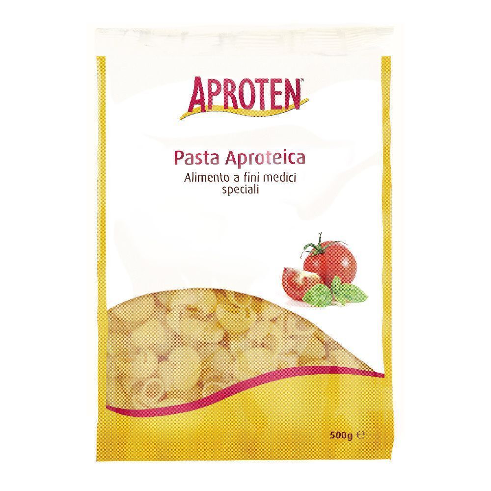 Confezione di pasta Aproten. Scritta: Pasta Aproteica, pomodoro, basilico. In basso: 500g.