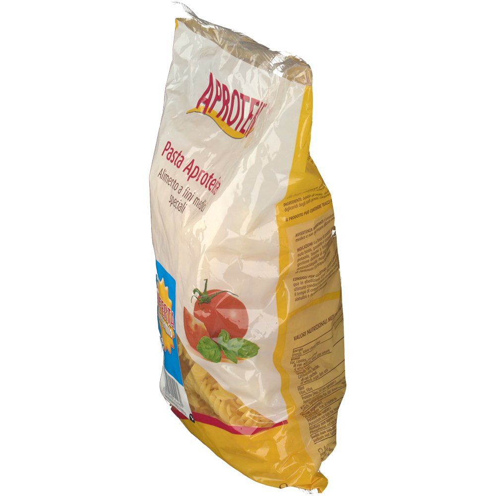 Confezione di pasta Aproten, vista laterale obliqua. Scritta: Pasta Aproteica, pomodoro, basilico. Retro con testo.