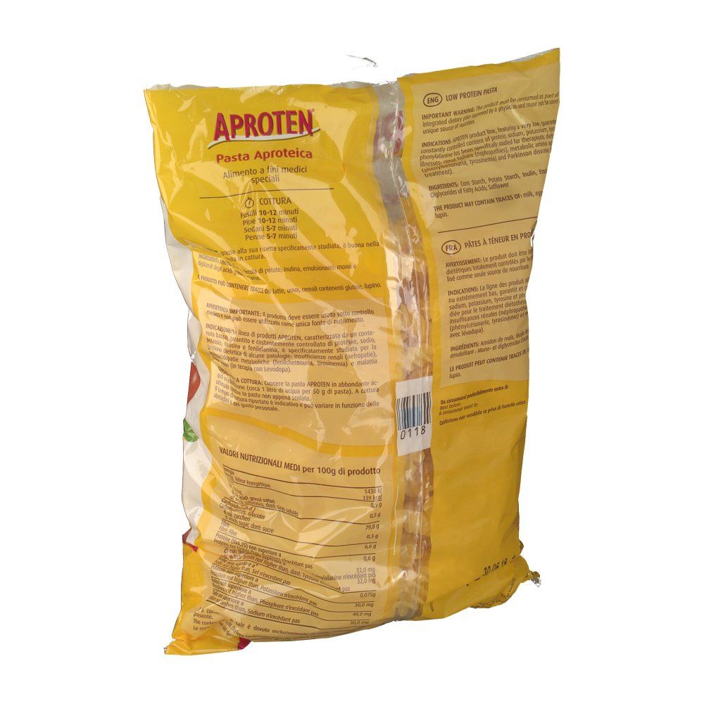 Retro della confezione di pasta Aproten. Testo in più lingue. Sfondo giallo, pellicola trasparente.