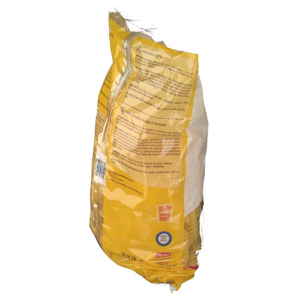Confezione di pasta Aproten, vista laterale obliqua. Sfondo giallo, pellicola trasparente. Stampa e testo.