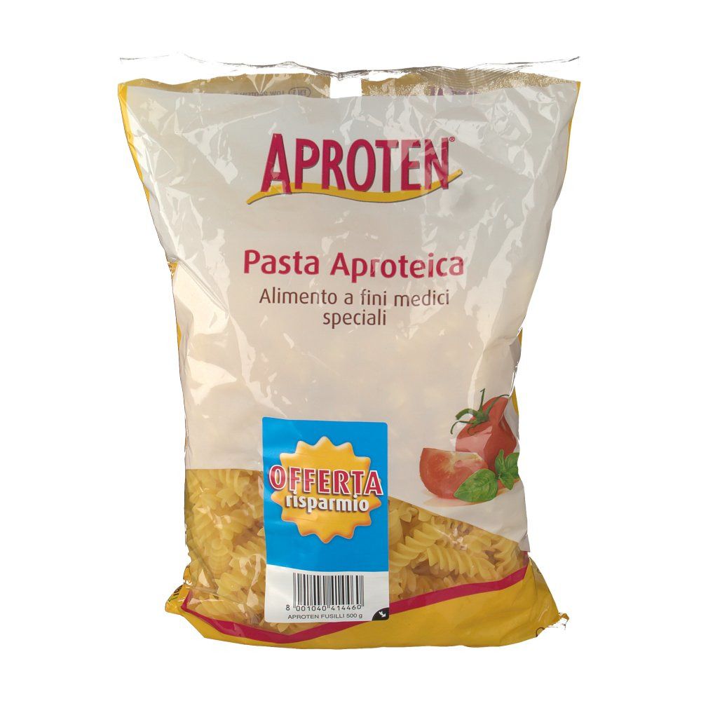 Confezione di pasta Aproten. Scritta: Pasta Aproteica, pomodoro, basilico. Marchio pubblicitario blu. Contenuto: pasta a spirale.