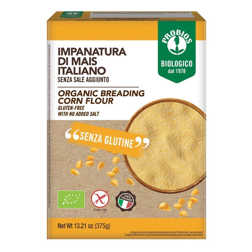 Confezione di Impanatura di Mais. Senza glutine, senza sale aggiunto. Marchio Probios, biologico.