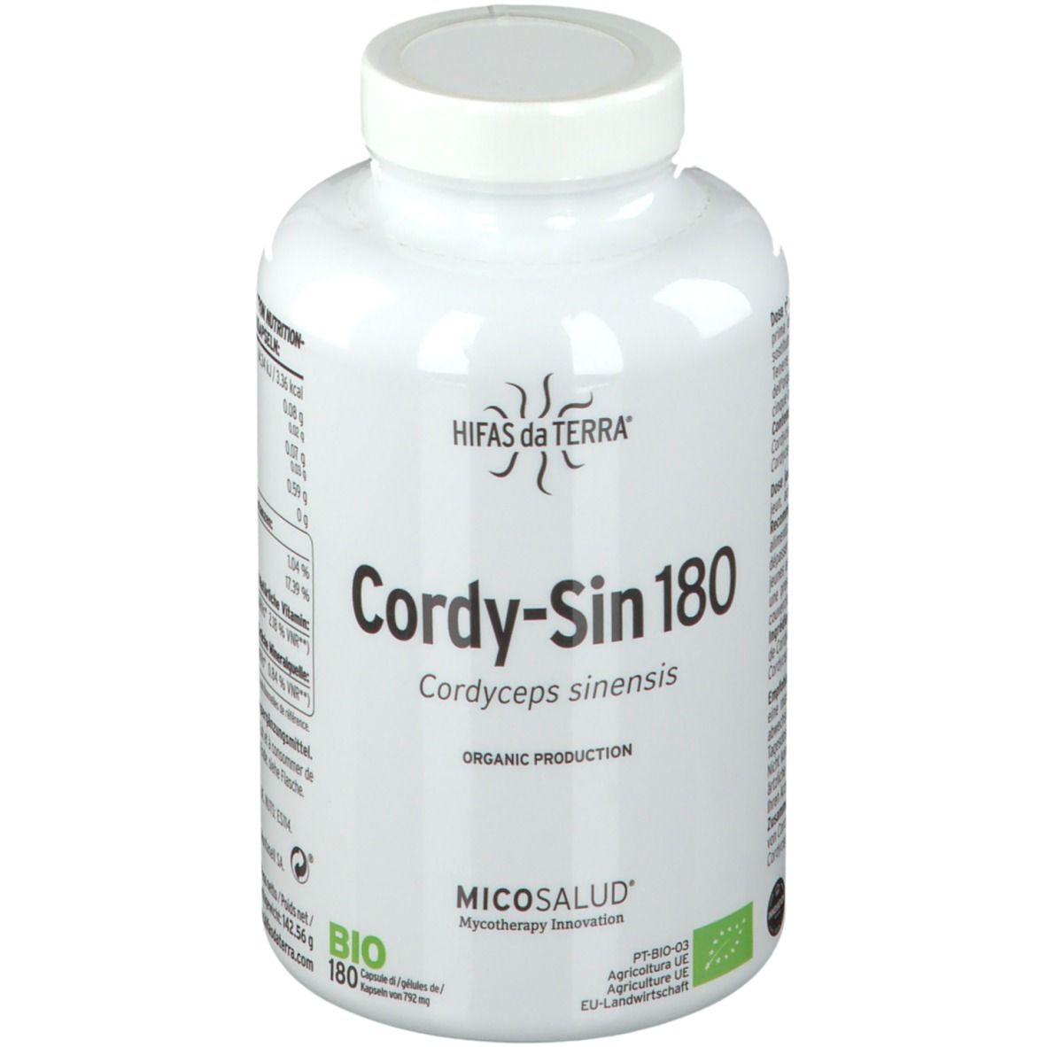 Flacone bianco di Cordy-Sin 180. Scritte: Hifas da Terra, Cordyceps sinensis, produzione biologica, 180 capsule.