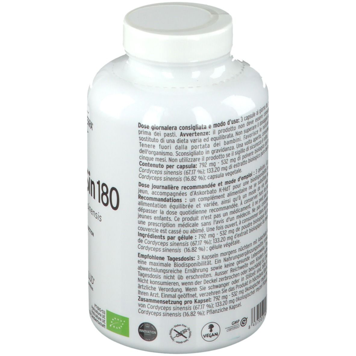 Retro di un flacone bianco di Cordy-Sin 180. Testo: ingredienti, istruzioni per l'uso, informazioni nutrizionali, sigilli BIO e Vegan.