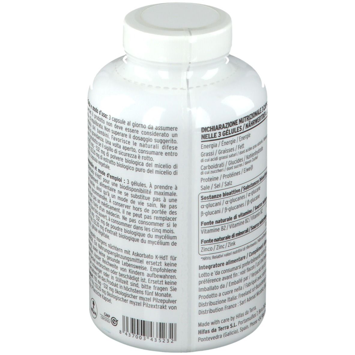 Retro di un flacone bianco di Cordy-Sin 180. Testo: informazioni nutrizionali, ingredienti, sigilli BIO e Vegan.