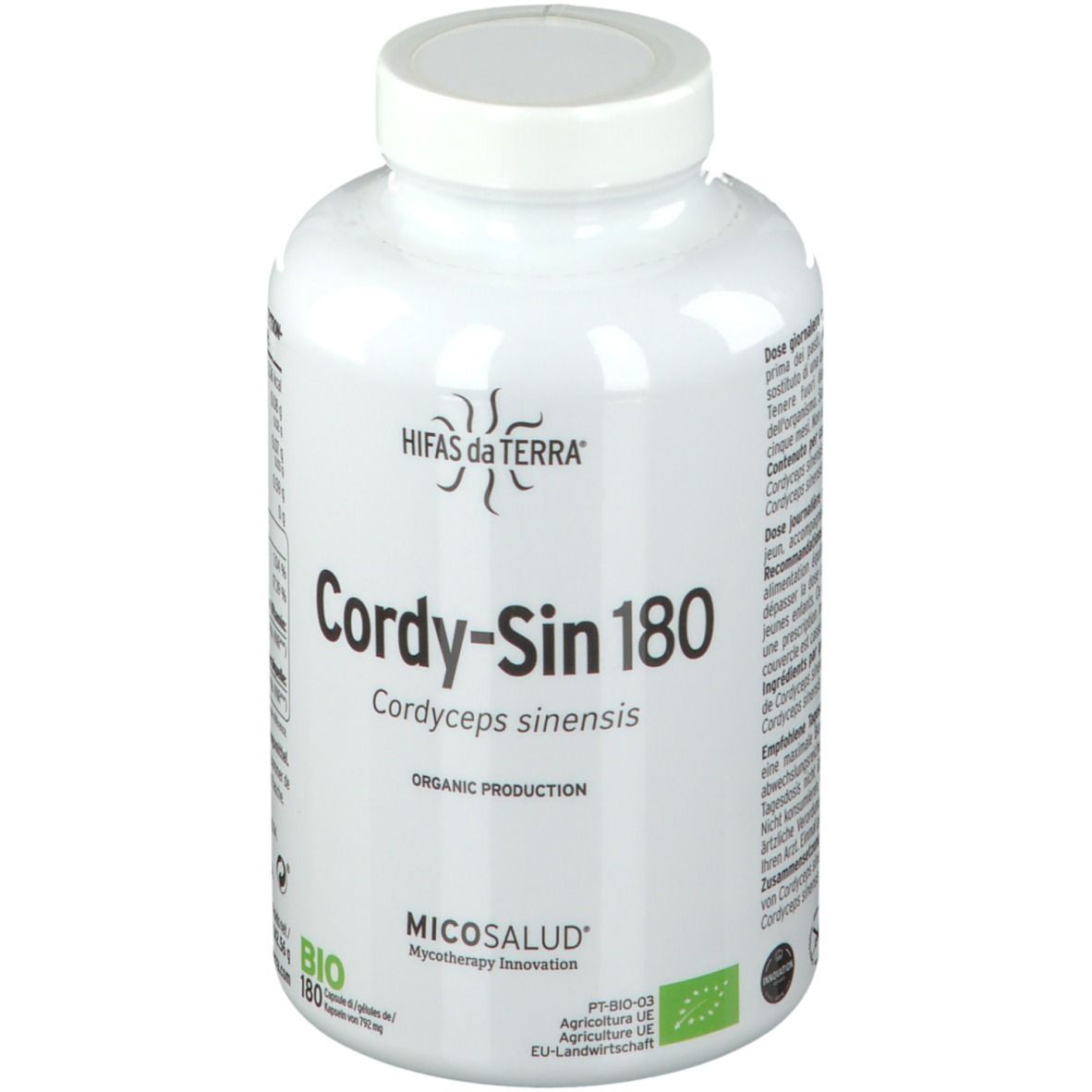 Flacone bianco di Cordy-Sin 180. Scritte: Hifas da Terra, Cordyceps sinensis, produzione biologica, 180 capsule.