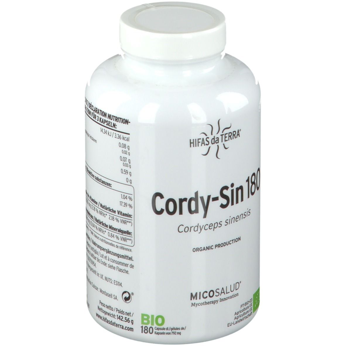 Flacone bianco Cordy-Sin 180. Scritte: Hifas da Terra, Cordyceps sinensis, BIO, 180 capsule. Informazioni nutrizionali.