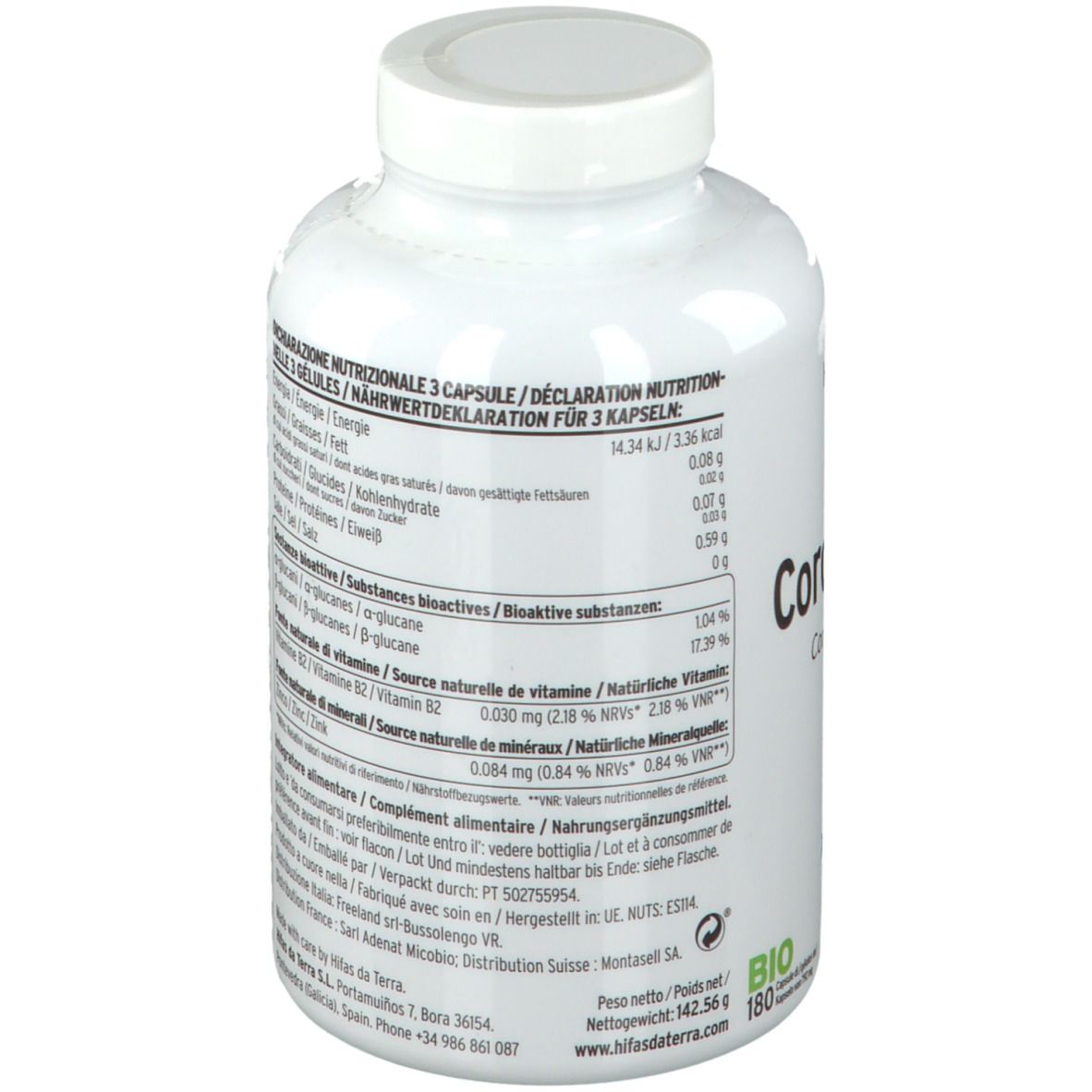 Retro di un flacone bianco Cordy-Sin 180. Testo: informazioni nutrizionali, ingredienti, sigilli BIO e Vegan, 180 capsule.
