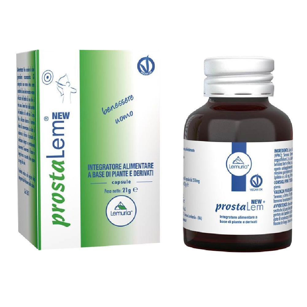 Confezione e flacone di Prostalem. Flacone con capsule marroni. Scritte: Prostalem, Lemuria. Confezione con accenti verdi e testo.