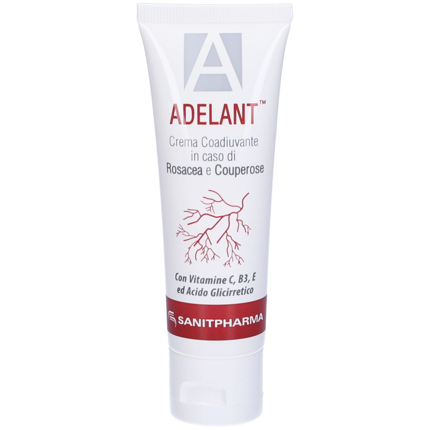 Tubo di crema bianco. Scritta: ADELANT, crema per rosacea e couperose. Con vitamine C, B3, E e acido glicirretico.