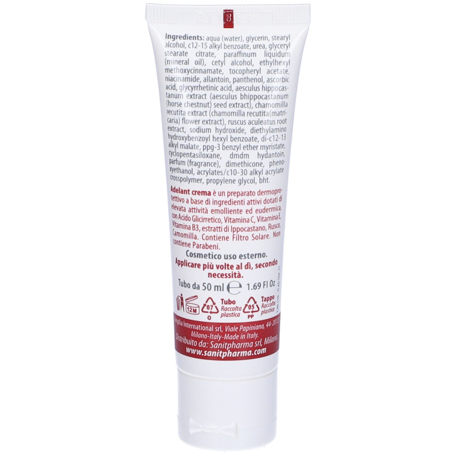 Retro del tubo di crema. Ingredienti e istruzioni per l'uso. Volume: 50 ml. Informazioni e logo del produttore.