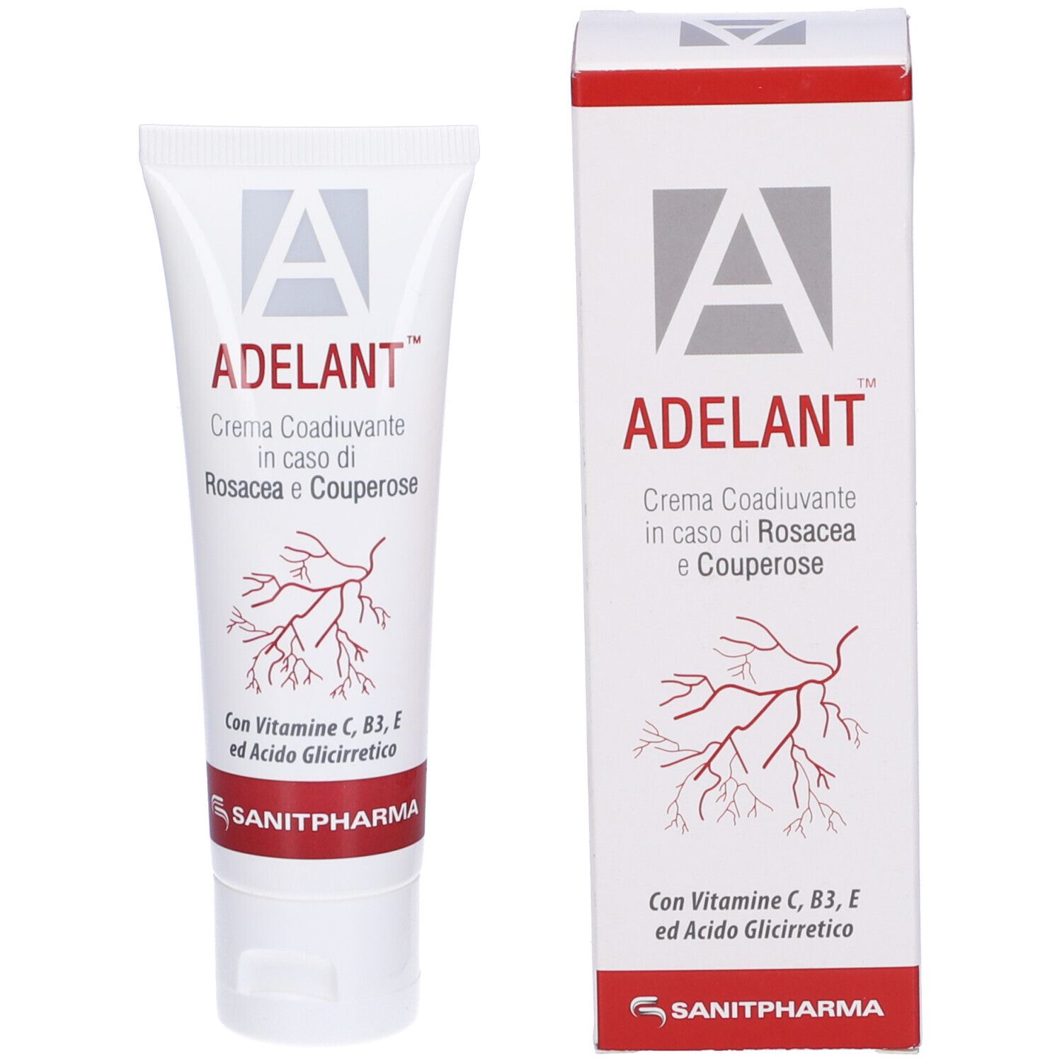 Tubo di crema e scatola. Scritta: ADELANT, crema per rosacea e couperose. Con vitamine C, B3, E e acido glicirretico. Logo.