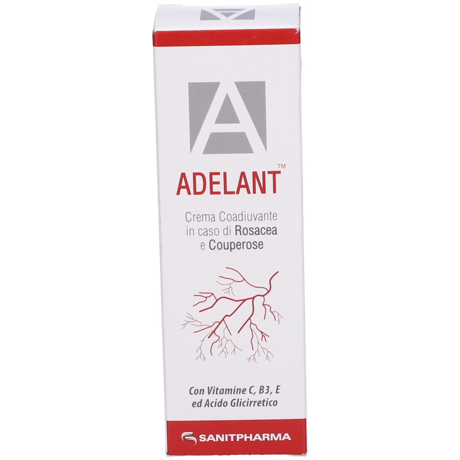 Scatola con scritta: ADELANT, crema per rosacea e couperose. Con vitamine C, B3, E e acido glicirretico. Logo.