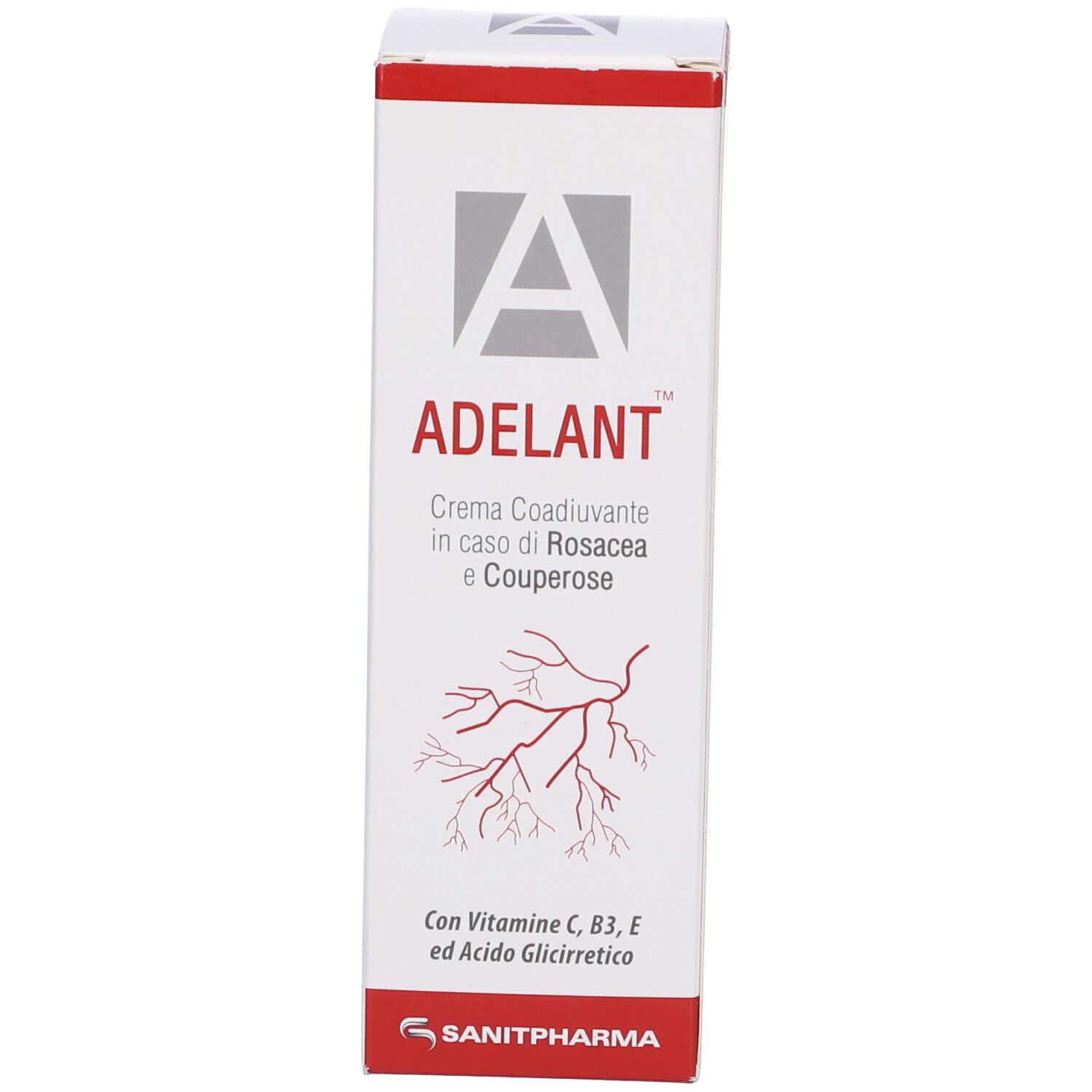 Scatola con scritta: ADELANT, crema per rosacea e couperose. Con vitamine C, B3, E e acido glicirretico. Logo.