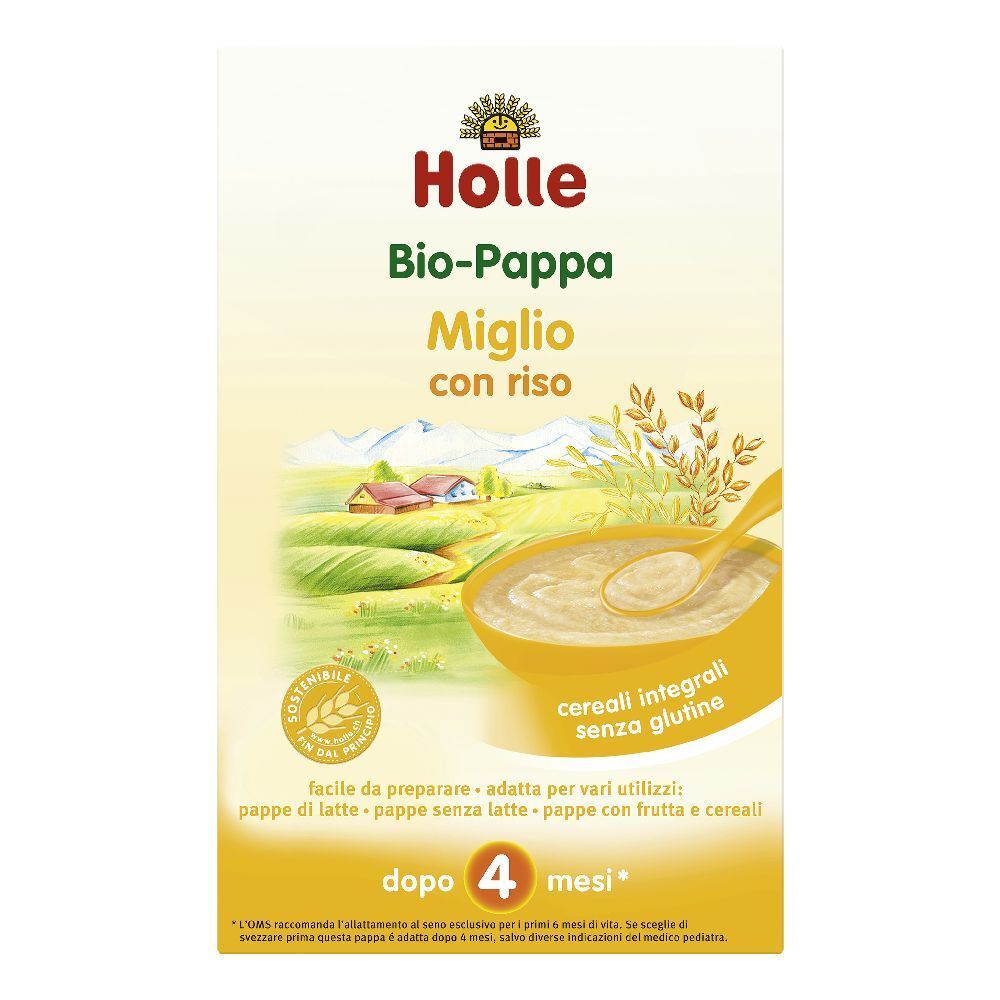 Confezione di Holle Bio-Pappa Miglio con riso. Scatola gialla con nome prodotto e illustrazione di cereali e pappa. Da 4 mesi.