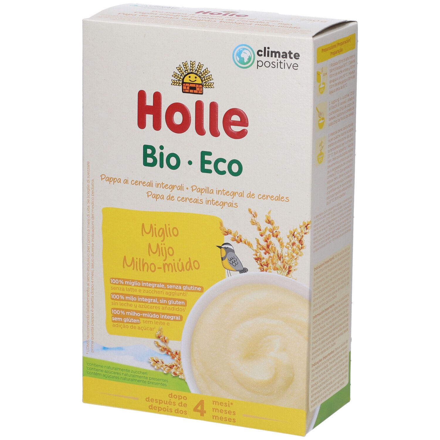Confezione Holle Bio Eco. Scatola bianca con nome prodotto e illustrazione di pappa e cereali. Testo multilingue. Da 4 mesi.