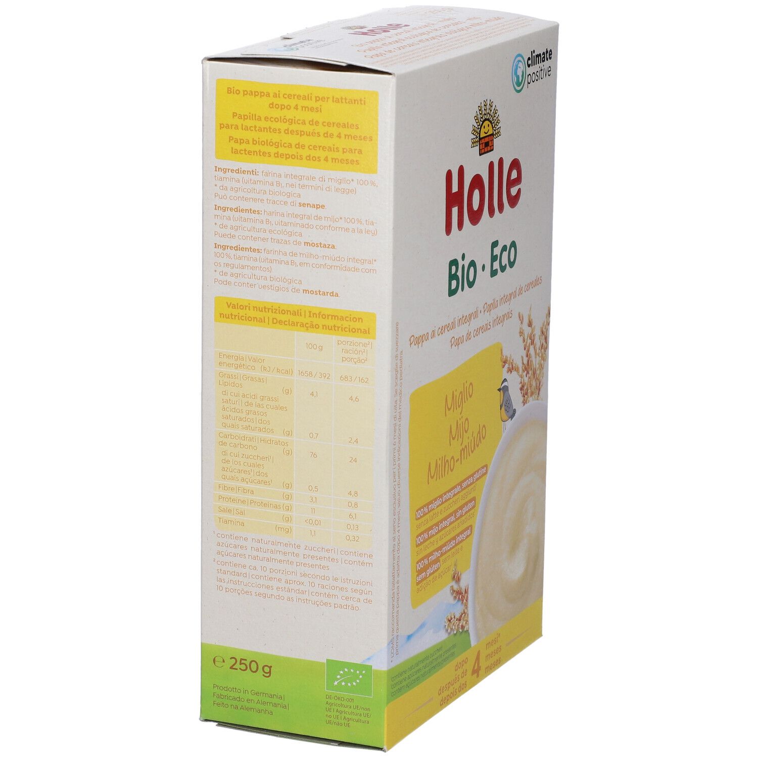 Vista laterale della confezione Holle Bio Eco. Testo con informazioni nutrizionali e ingredienti. Marchio bio e nome prodotto visibili. 250g.