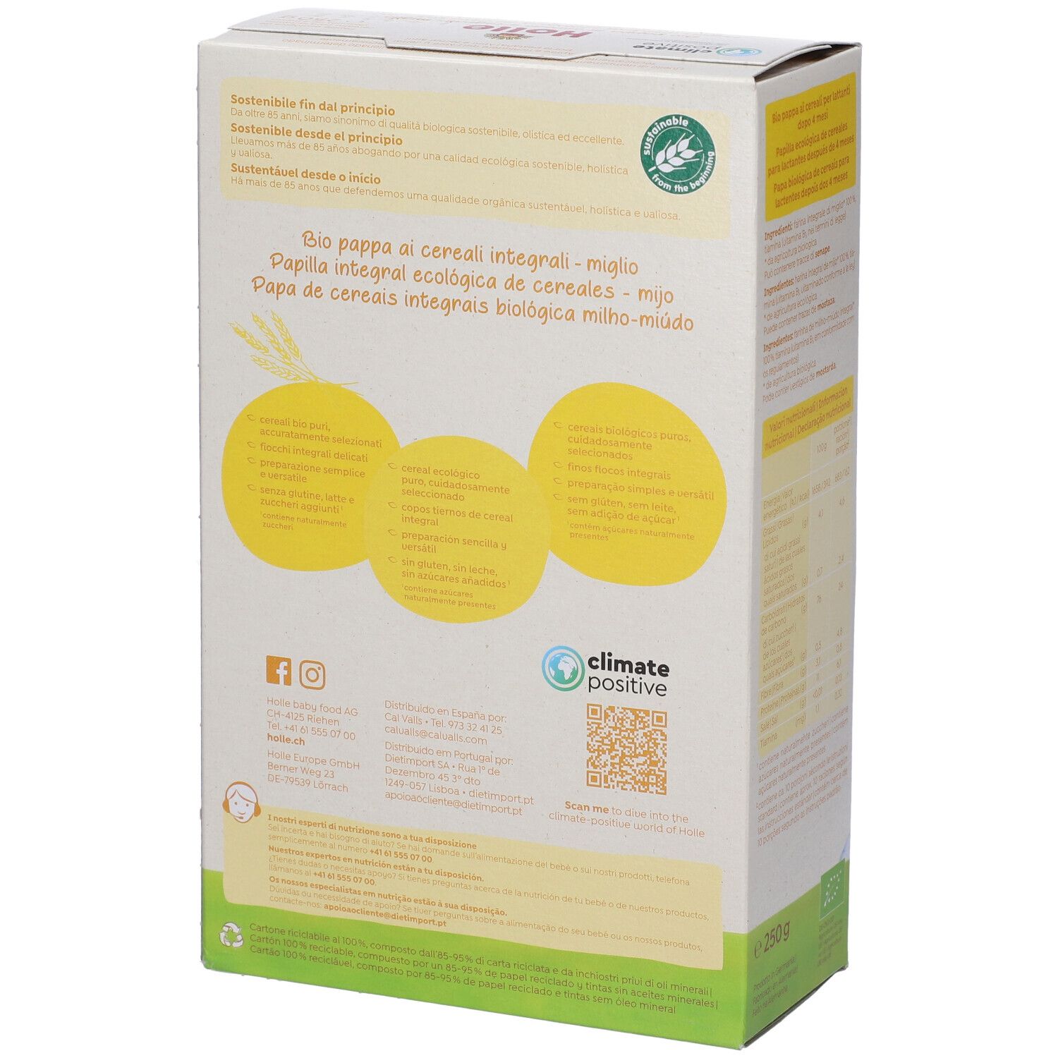 Retro della confezione Holle Bio Eco. Cerchi gialli con testo. Logo Climate Positive. Marchio bio. Nome e marchio del prodotto visibili.