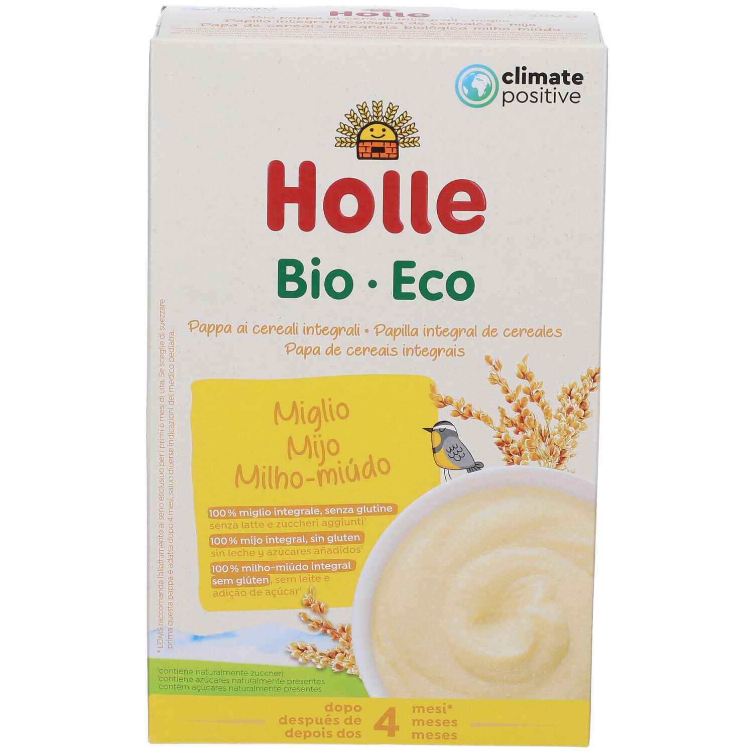 Confezione Holle Bio Eco. Scatola bianca con nome prodotto e illustrazione di pappa e cereali. Testo multilingue. Da 4 mesi.