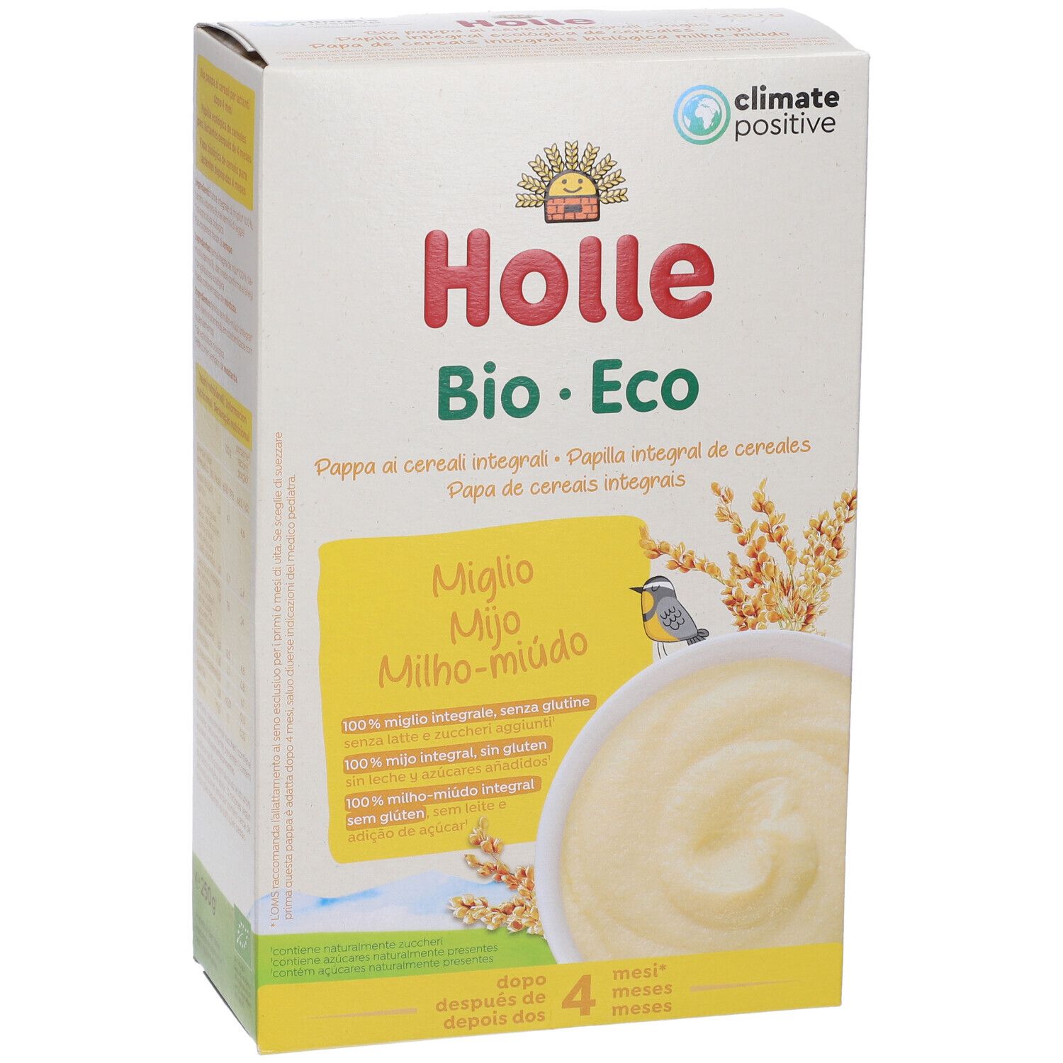 Confezione Holle Bio Eco. Scatola bianca con nome prodotto e illustrazione di pappa e cereali. Testo multilingue. Da 4 mesi.