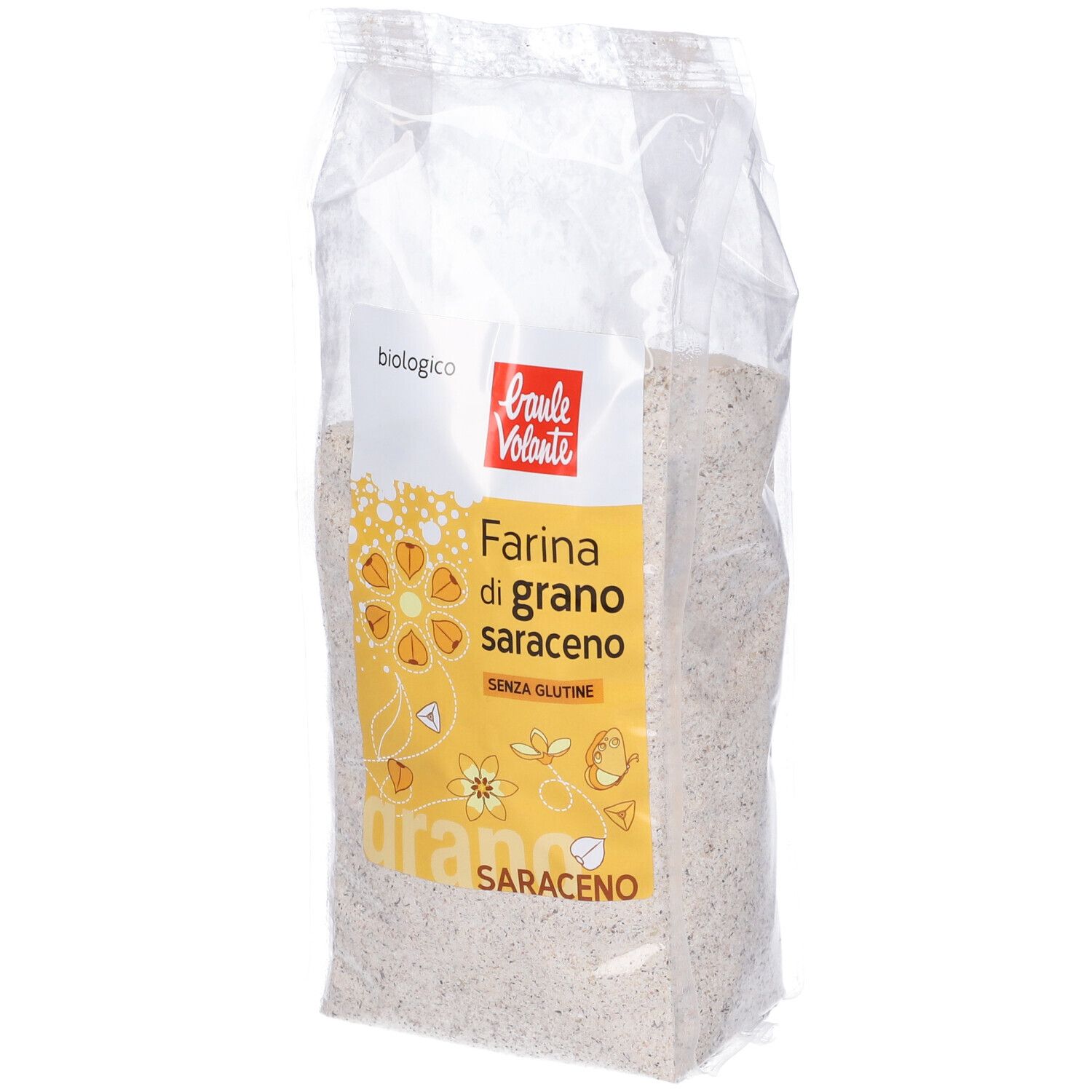 Sacchetto trasparente di farina. Scritta: Farina di grano saraceno, Senza glutine. Logo: Baule Volante.
